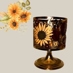 Fall Sunflower Candle Pedestal — Bronze Metal Holder with Red & Gold Leaves